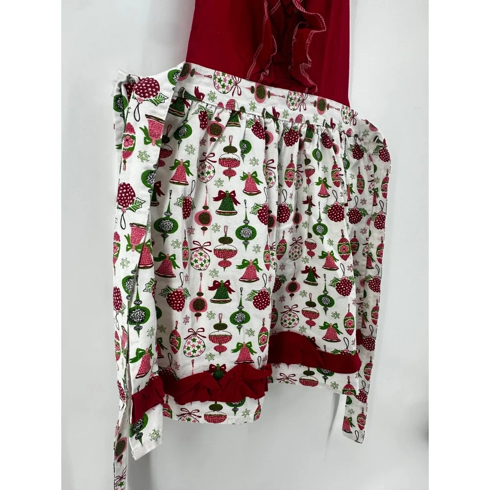 Christmas Kitchen Apron Red Green Ornament Bell Print Ruffle Cotton
